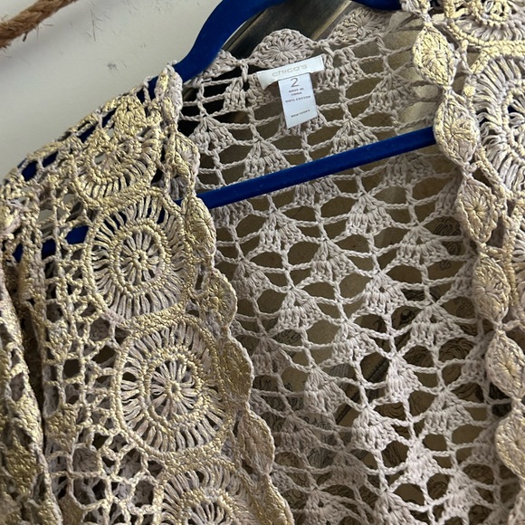 Open Crochet Cardigan Chico’s SZ 2 = Medium Gold Glazed Detail - Picture 2 of 9